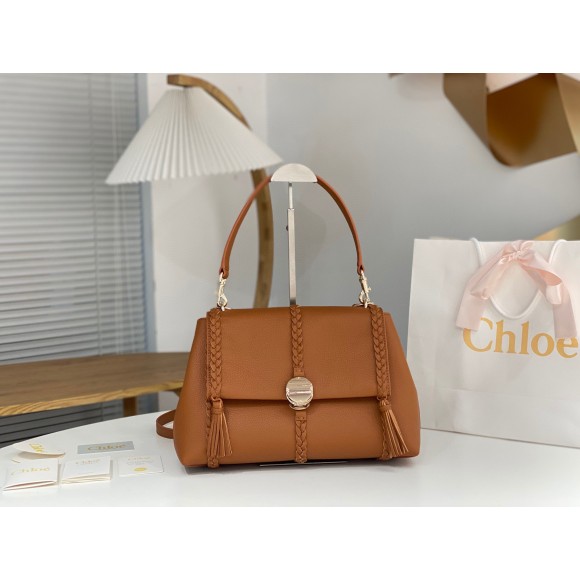 Chloe Penelope Medium Shoulder Bag in Brown Grained Calfskin