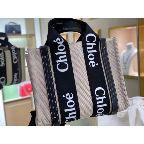 Chloe Small Woody Tote Bag in Canvas with Black Leather Strips