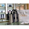 Chloe Small Woody Tote Bag in Canvas with Black Leather Strips