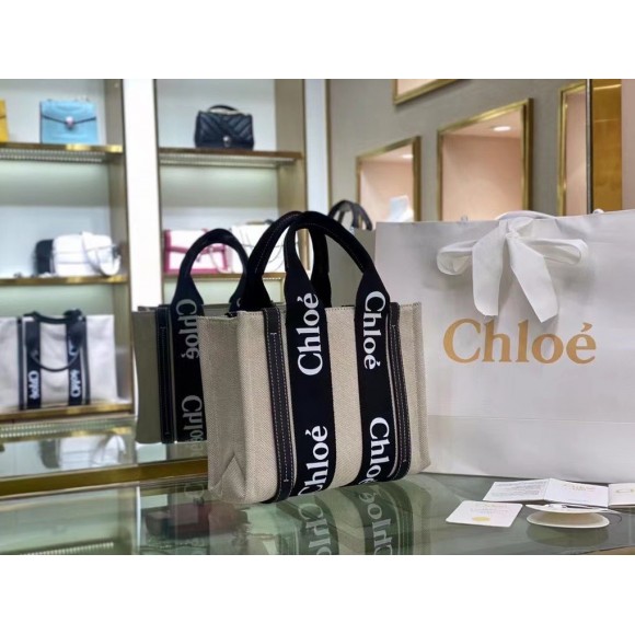 Chloe Small Woody Tote Bag in Canvas with Black Leather Strips