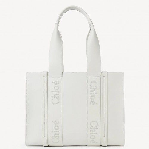 Chloe Woody Medium Tote Bag In White Calfskin