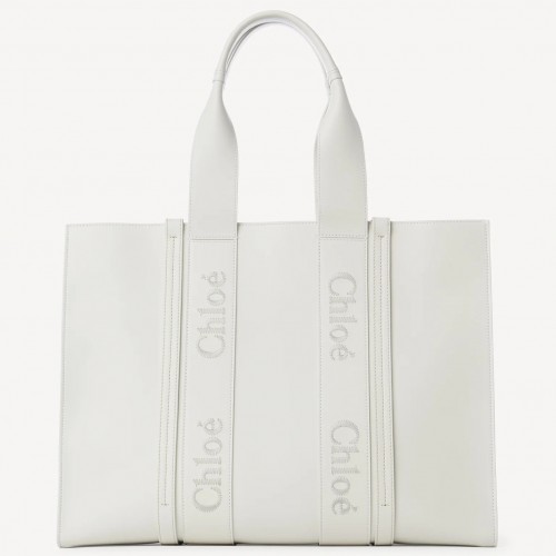 Chloe Woody Large Tote Bag In White Calfskin