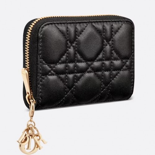 Dior Lady Dior Voyageur Small Coin Purse in Black Lambskin