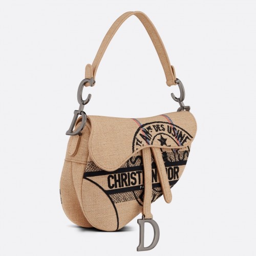 Dior Saddle Bag In Beige Jute Canvas with Dior Union Motif