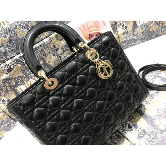 D*or lady D*or large bag in black cannage lambskin