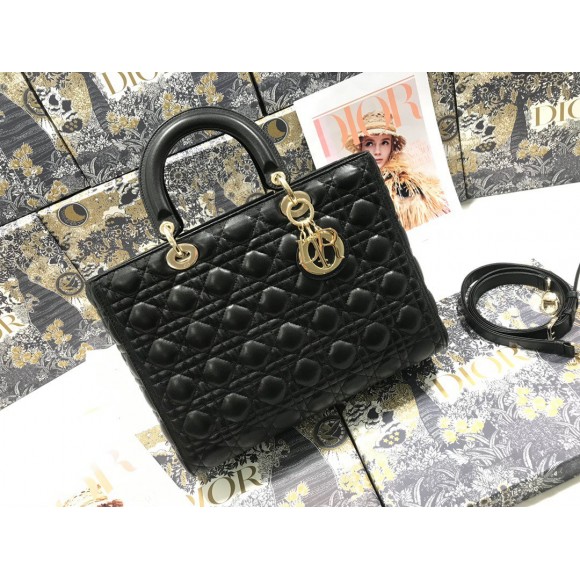 D*or lady D*or large bag in black cannage lambskin