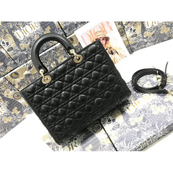 D*or lady D*or large bag in black cannage lambskin