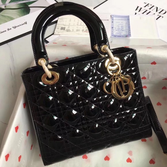 D*or lady D*or medium bag in black patent leather