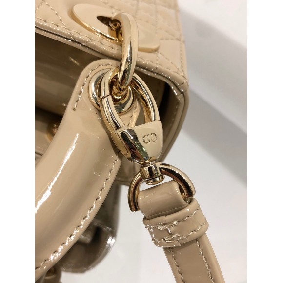 D*or lady D*or mini chain bag with chain in aesthetic beige patent calfskin