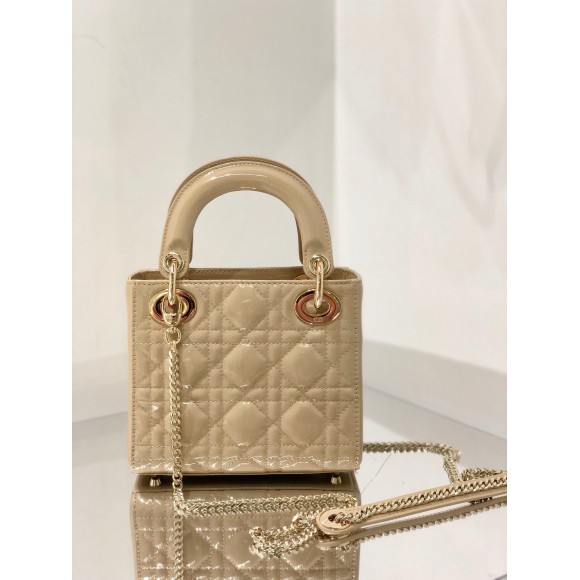 D*or lady D*or mini chain bag with chain in aesthetic beige patent calfskin