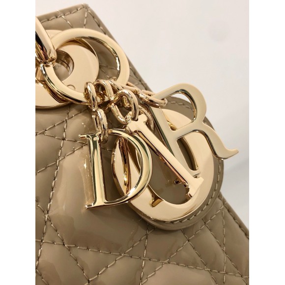 D*or lady D*or mini chain bag with chain in aesthetic beige patent calfskin