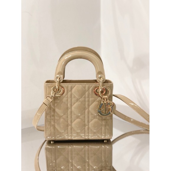 D*or lady D*or mini chain bag with chain in aesthetic beige patent calfskin