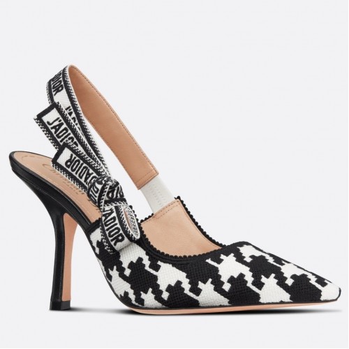 Dior J'Adior Slingback 100mm Pumps In Black Houndstooth Embroidery