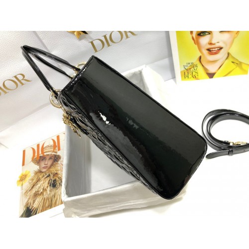 Dior Lady Dior Large Bag In Black Patent Cannage Calfskin