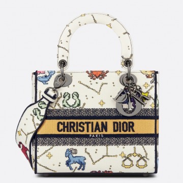 Dior Lady D-Lite Medium Bag In White Pixel Zodiac Embroidery Dior Lady D-Lite Medium Bag In White Pixel Zodiac Embroidery