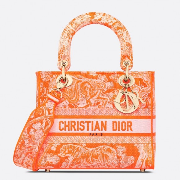 D*or lady d-lite medium bag in fluorescent orange toile de jouy reverse embroidery