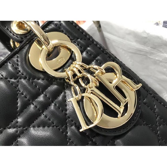 D*or lady D*or mini bag with chain in black cannage lambskin