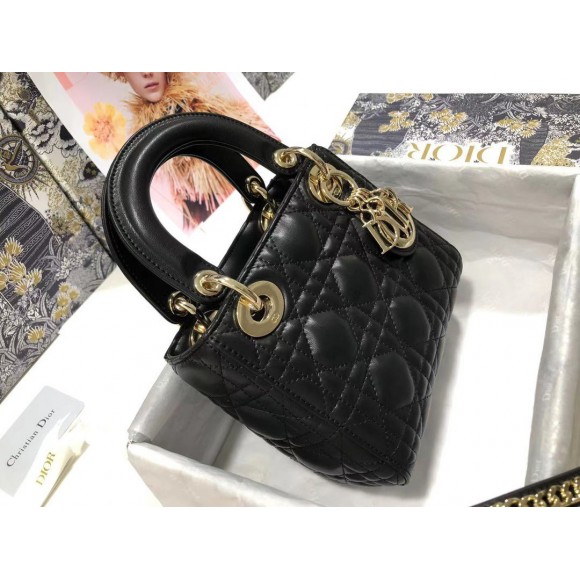 D*or lady D*or mini bag with chain in black cannage lambskin