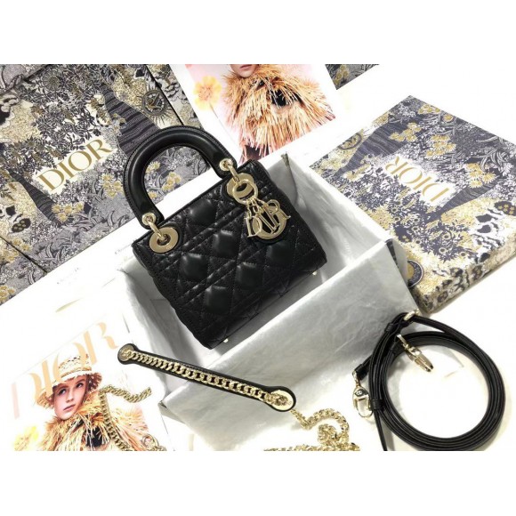 D*or lady D*or mini bag with chain in black cannage lambskin