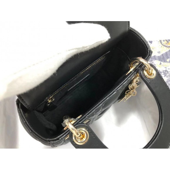 D*or lady D*or mini bag with chain in black cannage lambskin