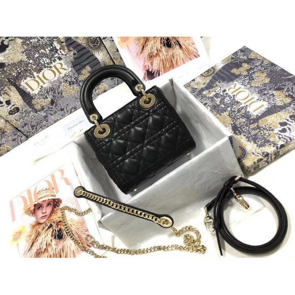 D*or lady D*or mini bag with chain in black cannage lambskin