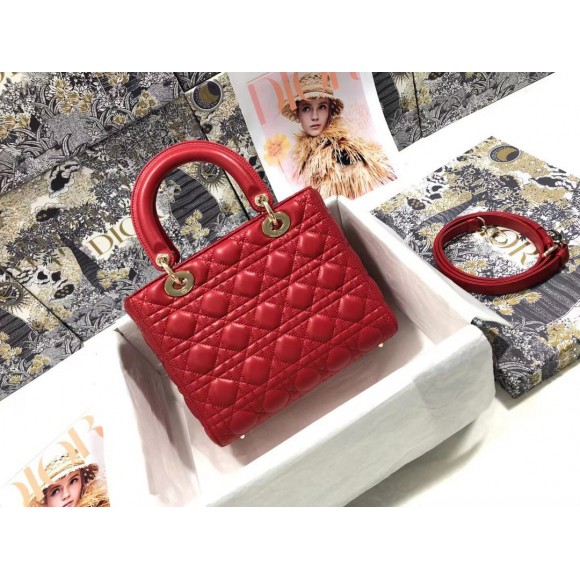 D*or lady D*or medium bag in red cannage lambskin