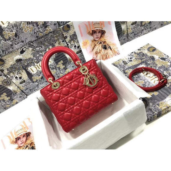 D*or lady D*or medium bag in red cannage lambskin