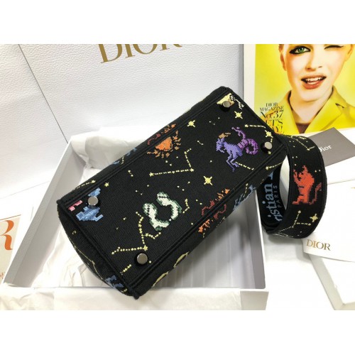 Dior Lady D-Lite Medium Bag In Black Pixel Zodiac Embroidery