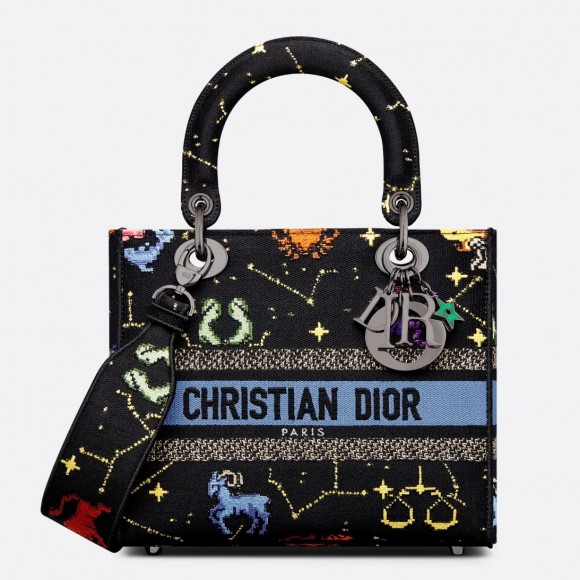 D*or lady d-lite medium bag in black pixel zodiac embroidery