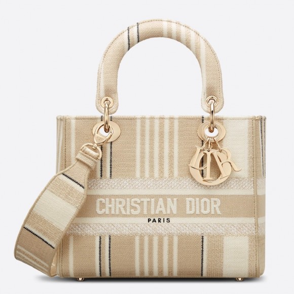 D*or lady d-lite medium bag in beige stripes embroidery