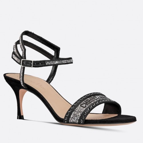 Dior Dway Heeled Sandals In Black Cotton with Strass