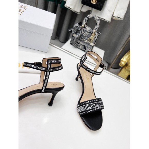 D*or dway heeled sandals in black cotton with strass