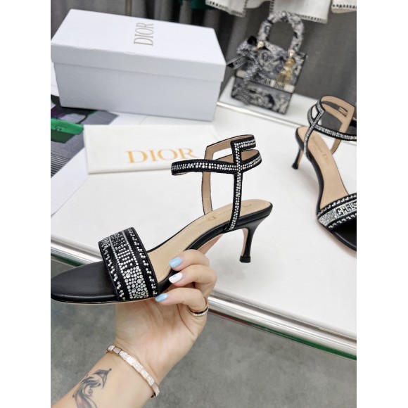 D*or dway heeled sandals in black cotton with strass