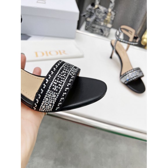 D*or dway heeled sandals in black cotton with strass