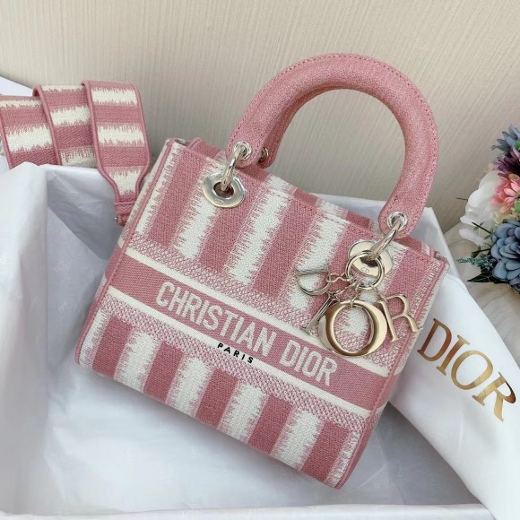 D*or lady d-lite medium bag in pink d-stripes embroidery