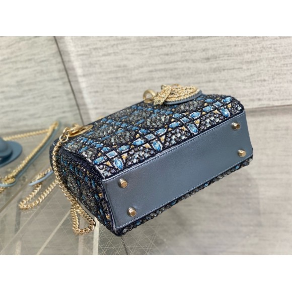 D*or lady D*or mini chain bag in satin with blue bead embroidery