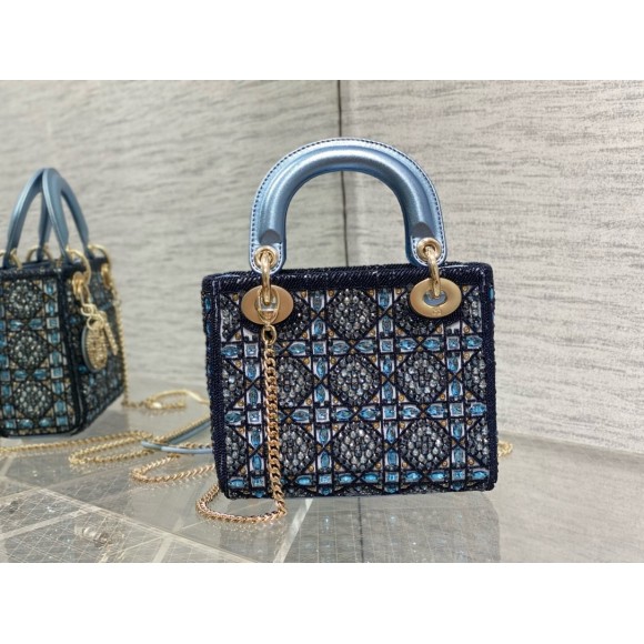 D*or lady D*or mini chain bag in satin with blue bead embroidery