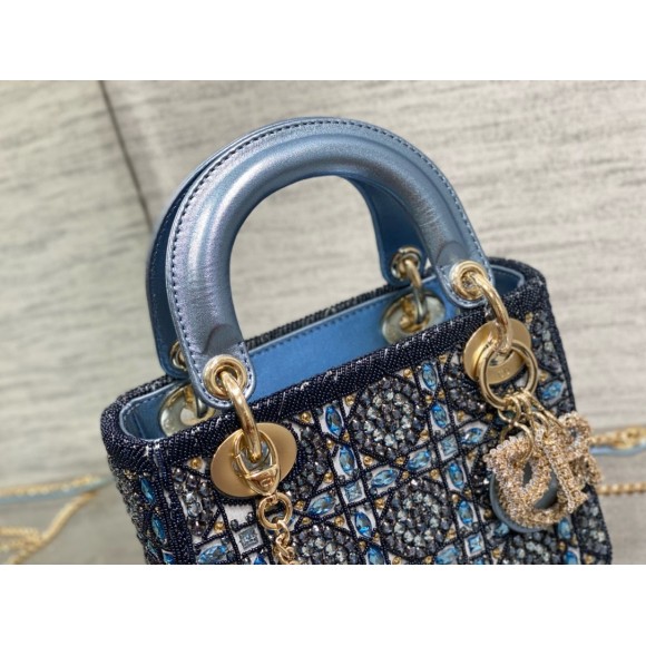 D*or lady D*or mini chain bag in satin with blue bead embroidery