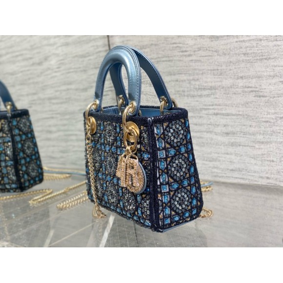 D*or lady D*or mini chain bag in satin with blue bead embroidery