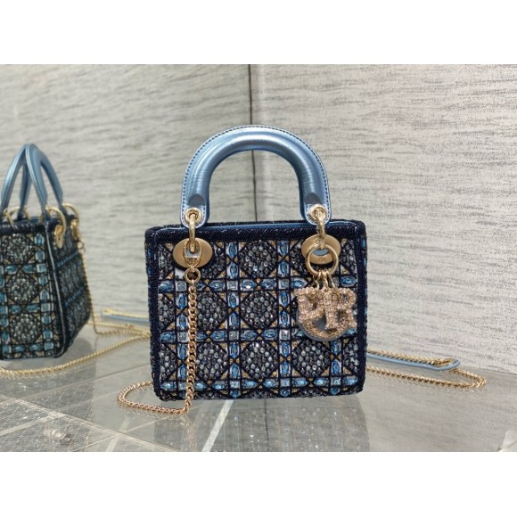 D*or lady D*or mini chain bag in satin with blue bead embroidery