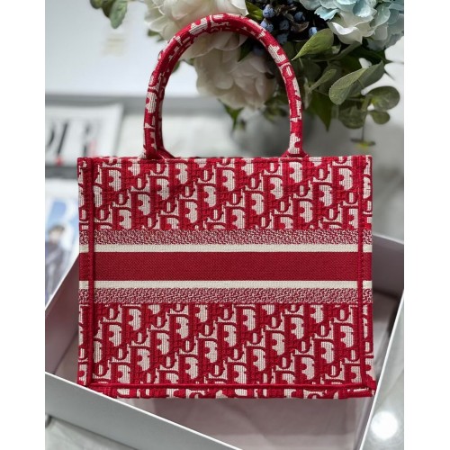 Dior Small Book Tote Bag In Burgundy Dior Oblique Embroidery