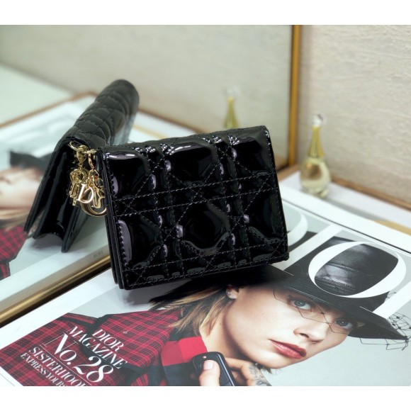 D*or mini lady D*or wallet in black patent calfskin