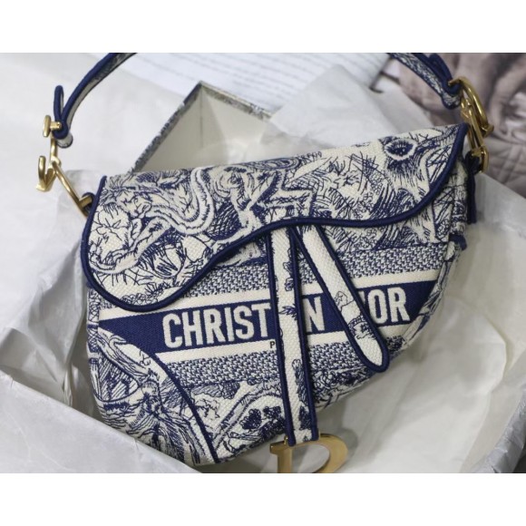 D*or saddle bag in blue toile de jouy embroidery