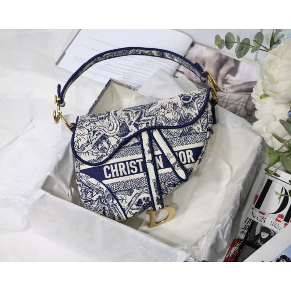 D*or saddle bag in blue toile de jouy embroidery