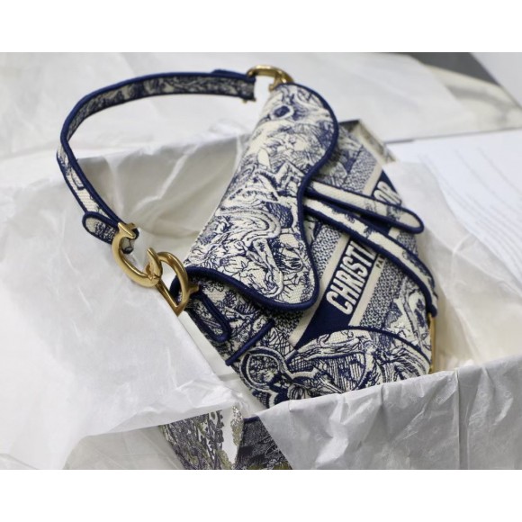 D*or saddle bag in blue toile de jouy embroidery