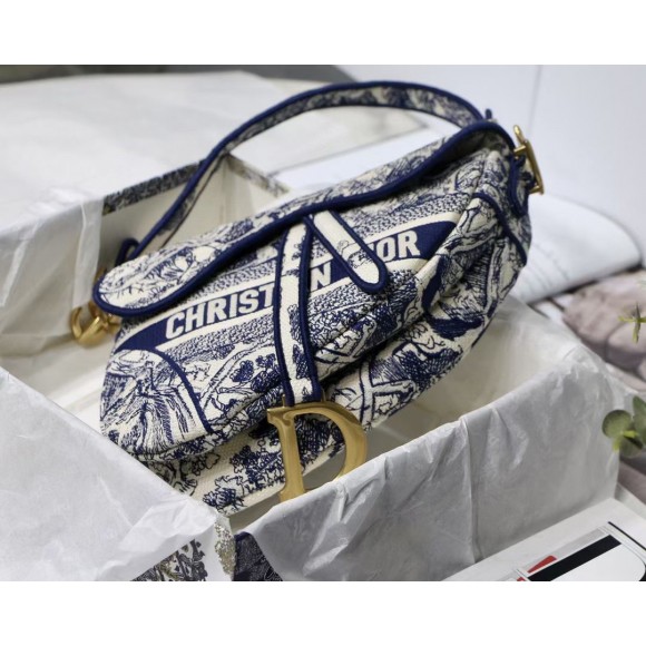 D*or saddle bag in blue toile de jouy embroidery