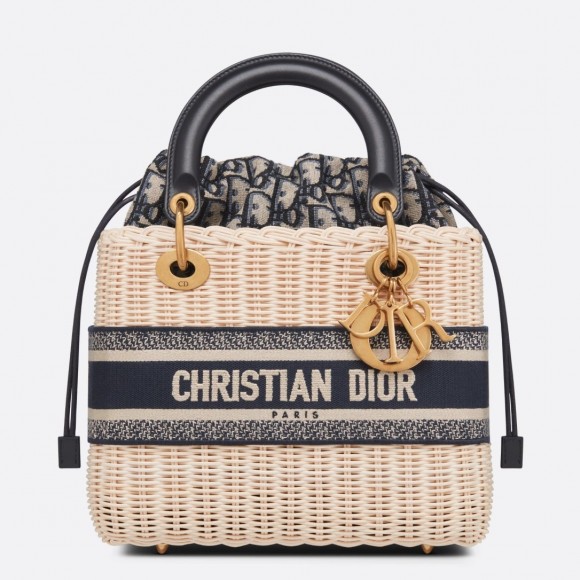 D*or medium lady D*or bag in wicker and blue oblique jacquard