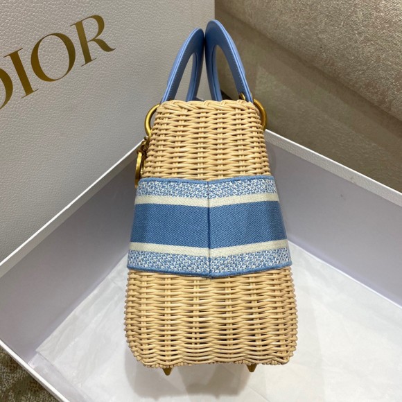 D*or lady D*or medium bag in wicker and light blue oblique jacquard