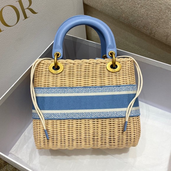 D*or lady D*or medium bag in wicker and light blue oblique jacquard