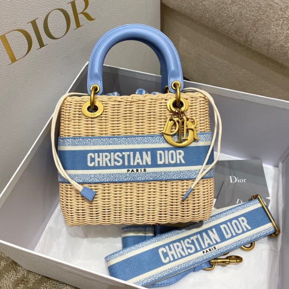 D*or lady D*or medium bag in wicker and light blue oblique jacquard